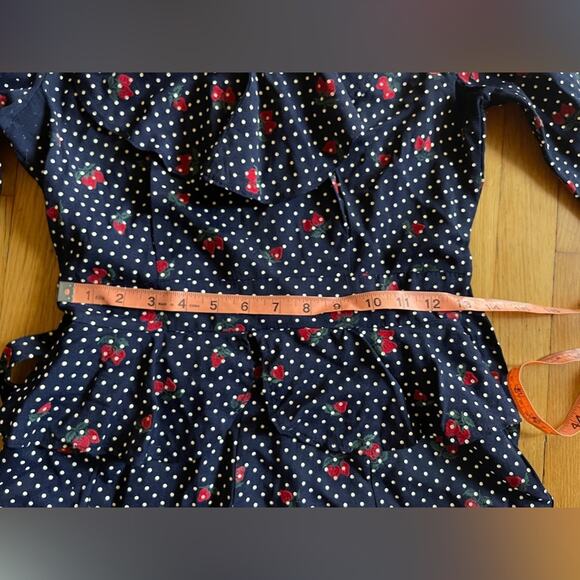 70s Vintage Straberry And Swiss Dot Long Sleeve Prairie Dress with Peplum Waist - Picture 6 of 12